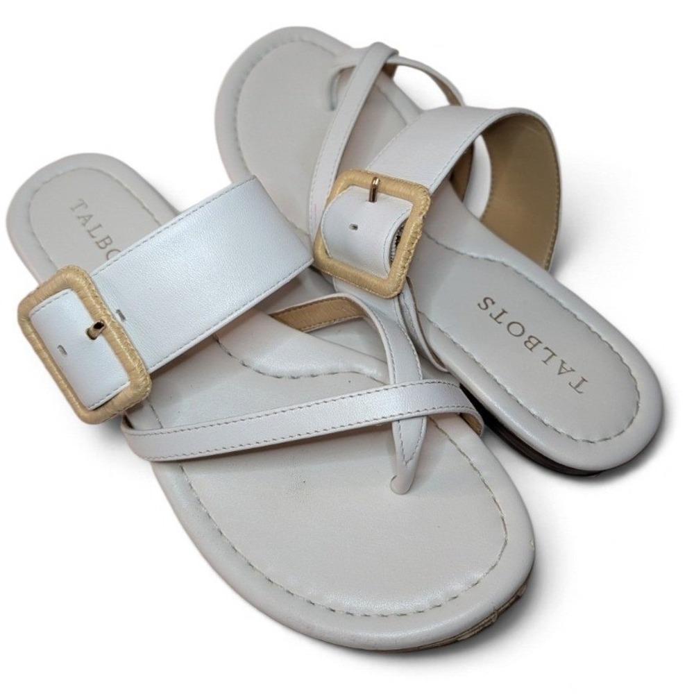 TALBOTS Gia Buckle Nappa Leather Sandals Women 5M White Toe Loop Flat Slide Shoe